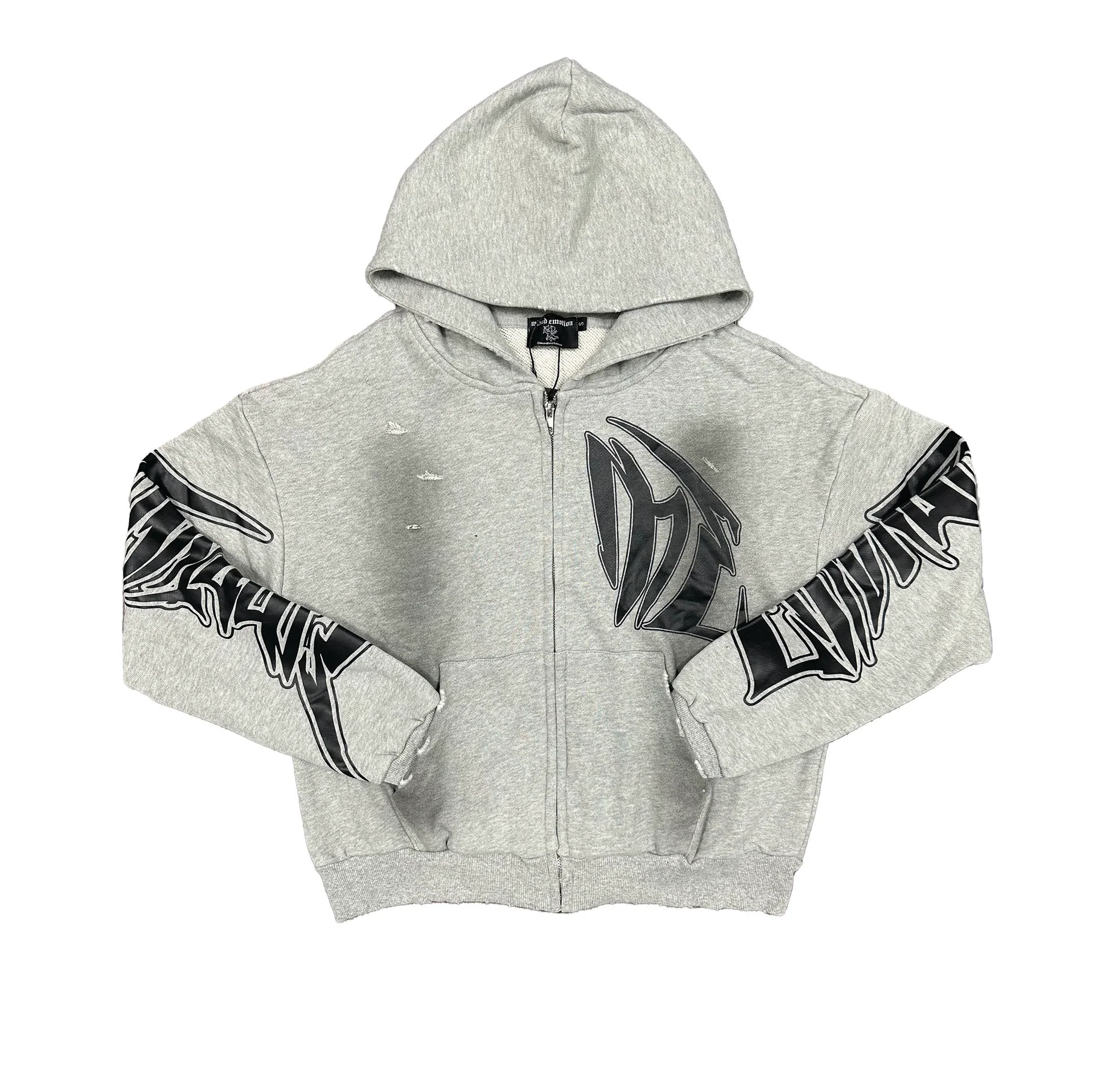 Mixed Emotion Heather Gray Destroyed Full Zip Hoodie Faux‑Leather ME Graphic Unisex Cropped Y2K Street Jacket