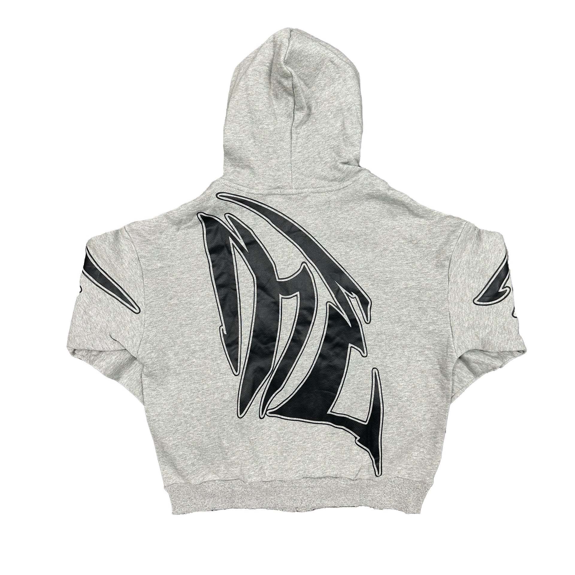 Mixed Emotion Heather Gray Destroyed Full Zip Hoodie Faux‑Leather ME Graphic Unisex Cropped Y2K Street Jacket