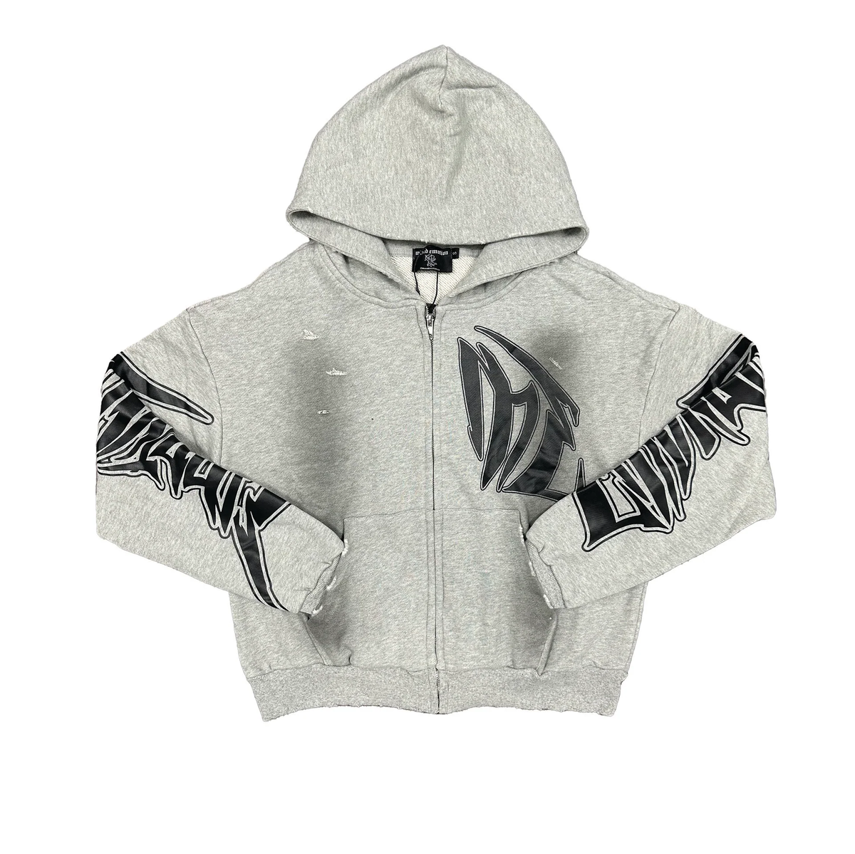 Mixed Emotion Heather Gray Destroyed Full Zip Hoodie Faux‑Leather ME Graphic Unisex Cropped Y2K Street Jacket