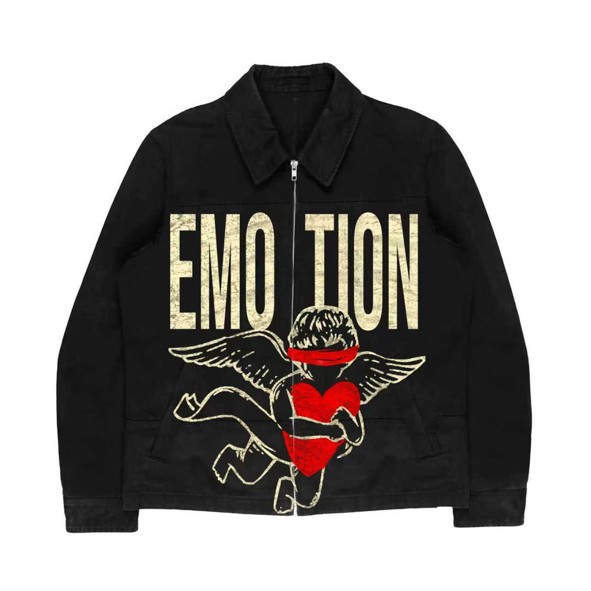 Mixed Emotion Vintage Wash Black Denim Trucker Jacket Blind‑Folded Cupid Heart Print Unisex Street Outerwear