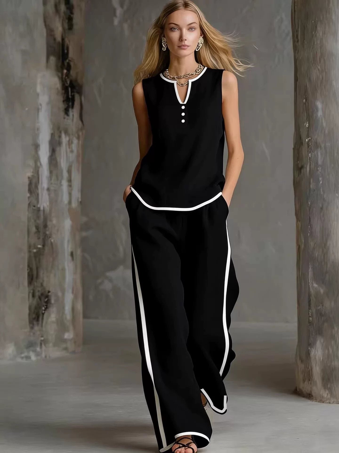 2026 European and American Cross border Foreign Trade Amazon New Women's Leisure Fashion Two piece Set Color Contrasting Sleeveless Wide Leg Pants Set