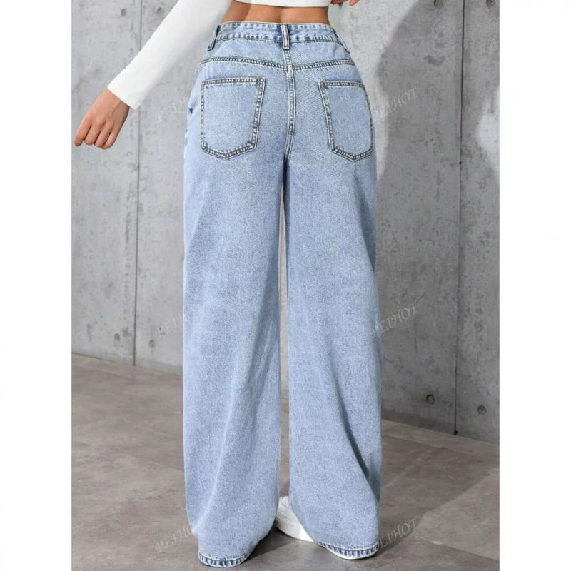 Sweet and spicy high waisted straight leg jeans for women's summer collection, cross-border Amazon loose and trendy versatile long pants
