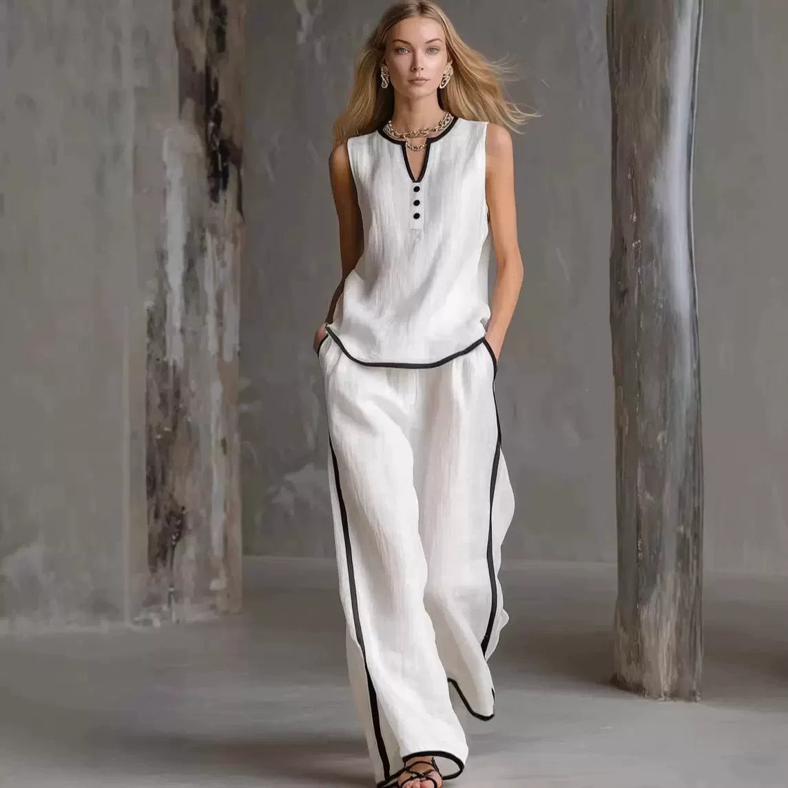 2026 European and American Cross border Foreign Trade Amazon New Women's Leisure Fashion Two piece Set Color Contrasting Sleeveless Wide Leg Pants Set