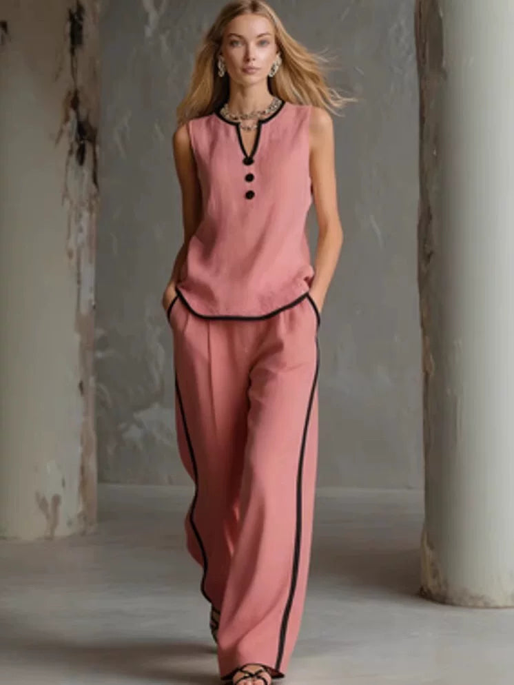 2026 European and American Cross border Foreign Trade Amazon New Women's Leisure Fashion Two piece Set Color Contrasting Sleeveless Wide Leg Pants Set