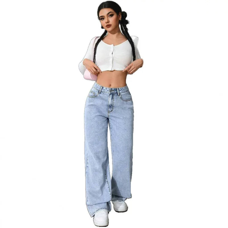 Sweet and spicy high waisted straight leg jeans for women's summer collection, cross-border Amazon loose and trendy versatile long pants