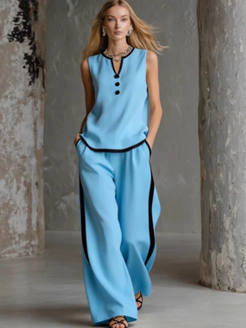 2026 European and American Cross border Foreign Trade Amazon New Women's Leisure Fashion Two piece Set Color Contrasting Sleeveless Wide Leg Pants Set