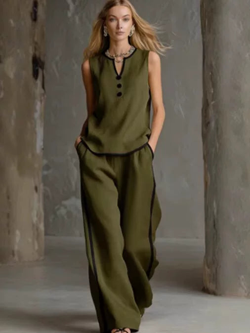 2026 European and American Cross border Foreign Trade Amazon New Women's Leisure Fashion Two piece Set Color Contrasting Sleeveless Wide Leg Pants Set