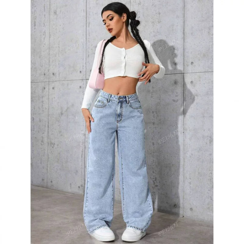 Sweet and spicy high waisted straight leg jeans for women's summer collection, cross-border Amazon loose and trendy versatile long pants