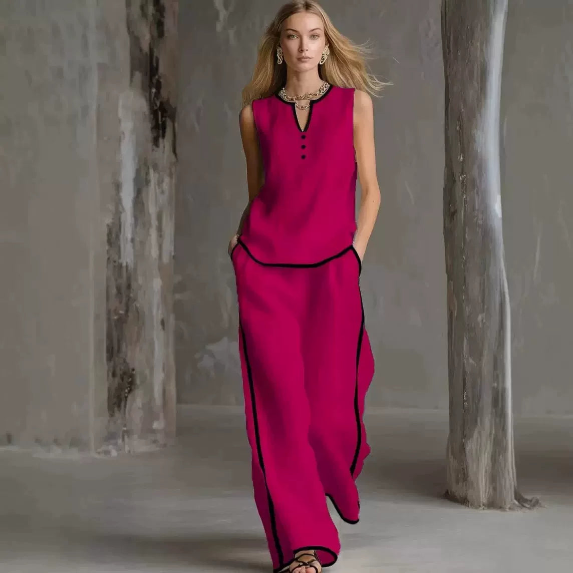 2026 European and American Cross border Foreign Trade Amazon New Women's Leisure Fashion Two piece Set Color Contrasting Sleeveless Wide Leg Pants Set