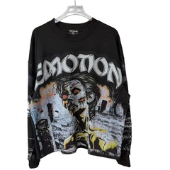 Mixed Emotion Oversized Black Long‑Sleeve T‑Shirt Horror Zombie Cemetery Graphic Unisex Cropped Punk Street Top