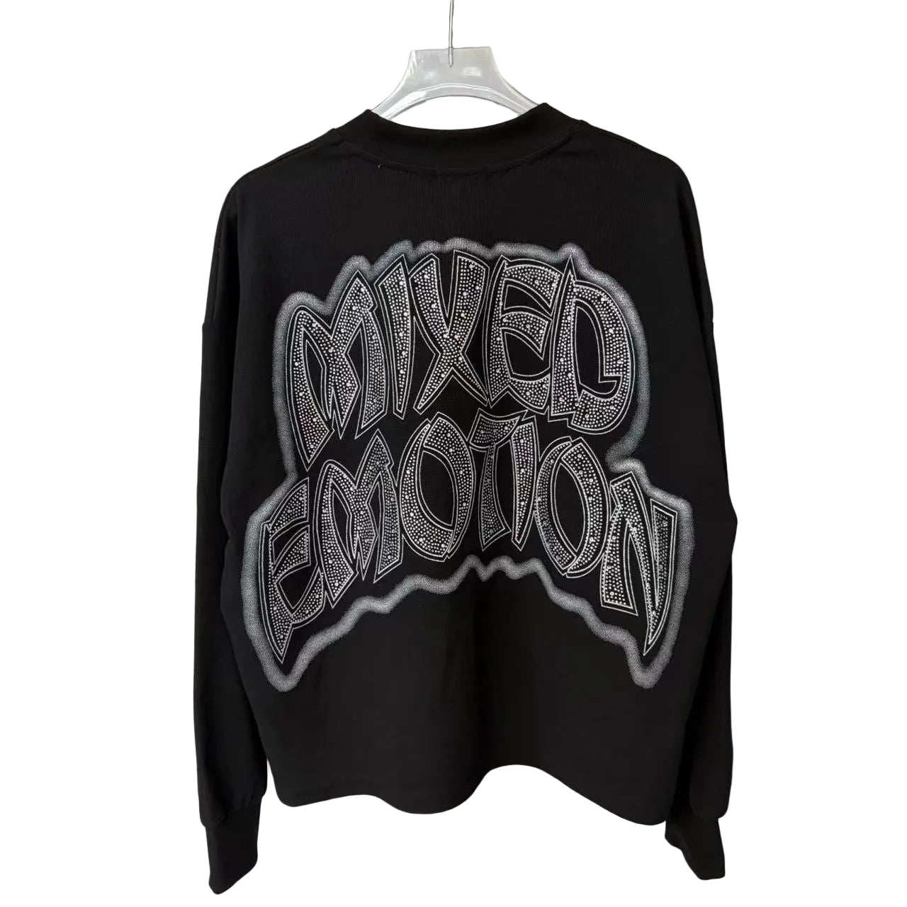 Mixed Emotion Black Cropped Crewneck Sweatshirt Rock‑n‑Roll Angel Band Rhinestone‑Effect Print Y2K Streetwear Top