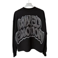 Mixed Emotion Black Cropped Crewneck Sweatshirt Rock‑n‑Roll Angel Band Rhinestone‑Effect Print Y2K Streetwear Top