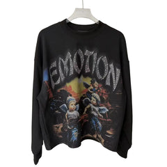 Mixed Emotion Black Cropped Crewneck Sweatshirt Rock‑n‑Roll Angel Band Rhinestone‑Effect Print Y2K Streetwear Top
