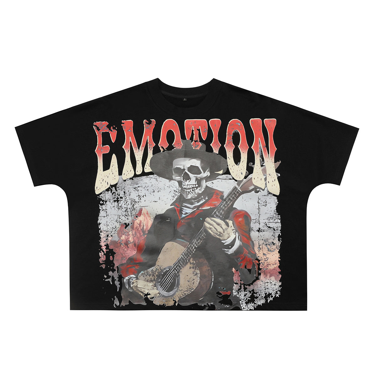 Mixed Emotion Retro Western Skeleton Cowboy Musician Cropped Tee | Faded Grunge Distressed Unisex Streetwear T‑Shirt