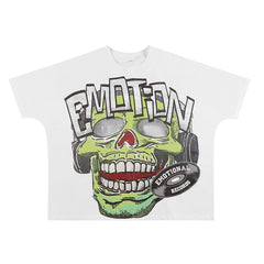 Mixed Emotion Retro Punk Skull With Headphones Cropped Tee | Vintage Vinyl Record Graphic Unisex Streetwear T‑Shirt