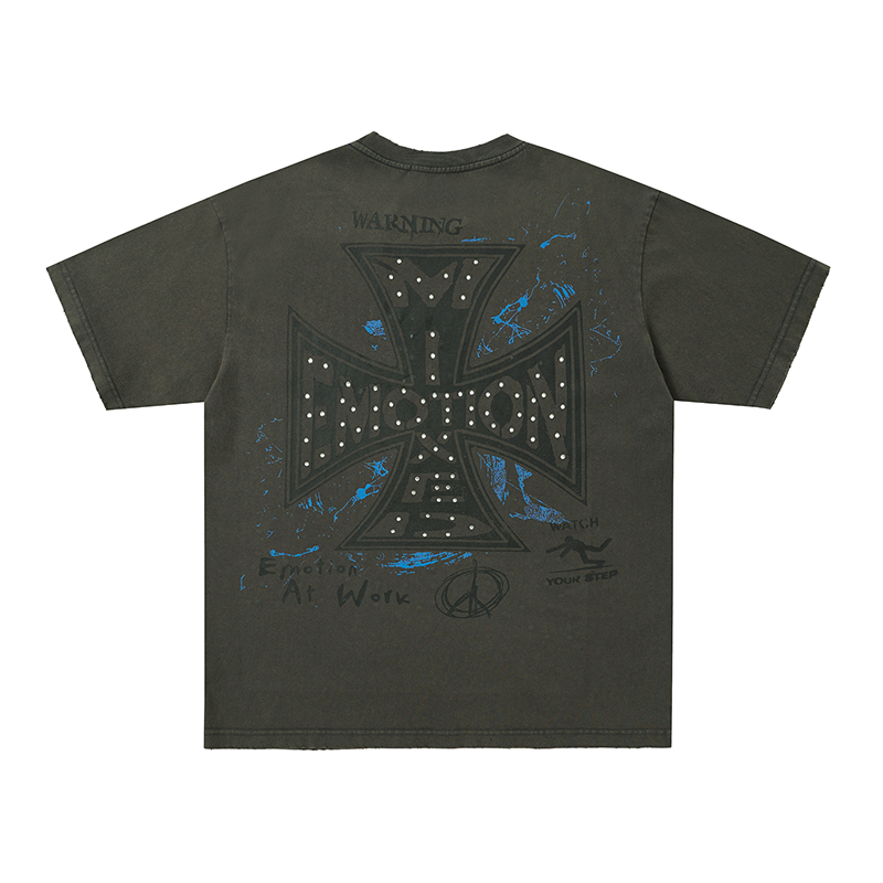 Double‑Sided Distressed Cherub Cross Rhinestone Oversized Tee