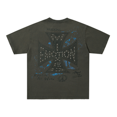 Double‑Sided Distressed Cherub Cross Rhinestone Oversized Tee