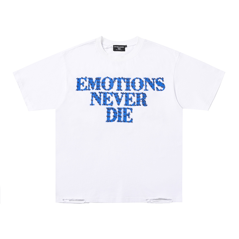 "Emotions Never Die" Rhinestone Distressed Hem Oversized Tee