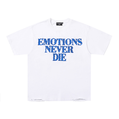 "Emotions Never Die" Rhinestone Distressed Hem Oversized Tee