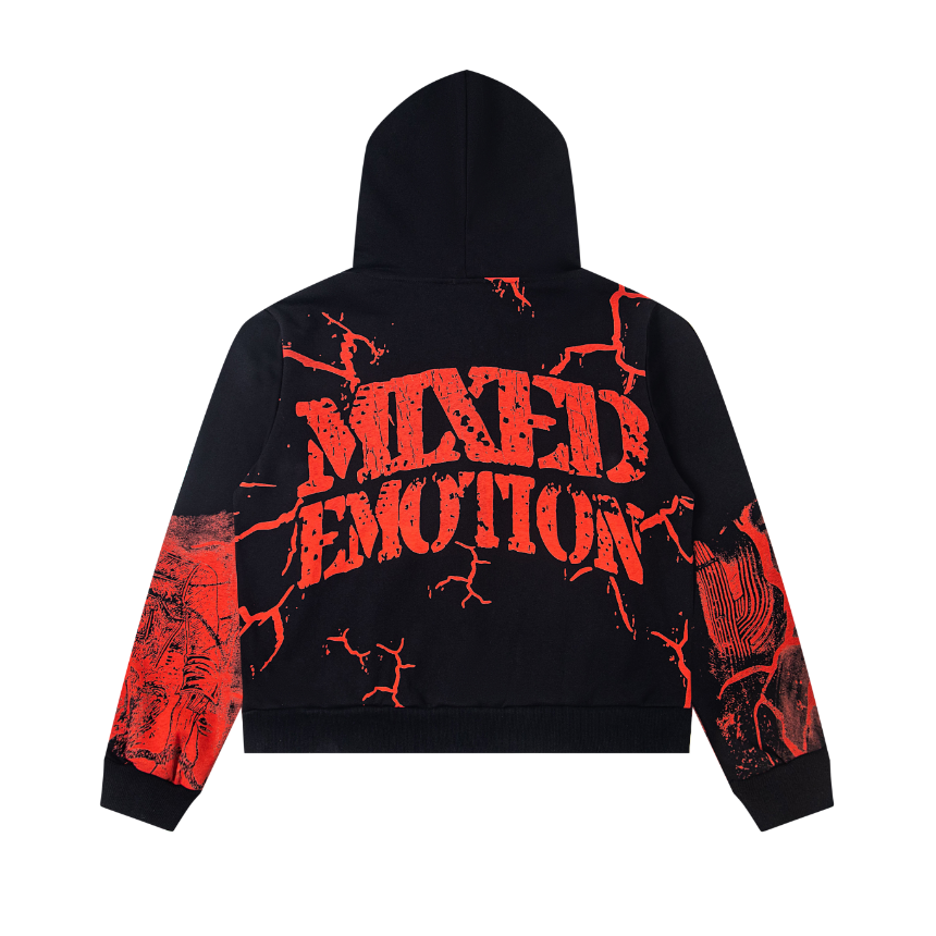 Mixed Emotion Skull Lightning Crack Print Cropped Zip‑Up Hoodie