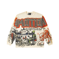 Mixed Emotion Double‑Sided Alien Beach Party Print Long‑Sleeve Top