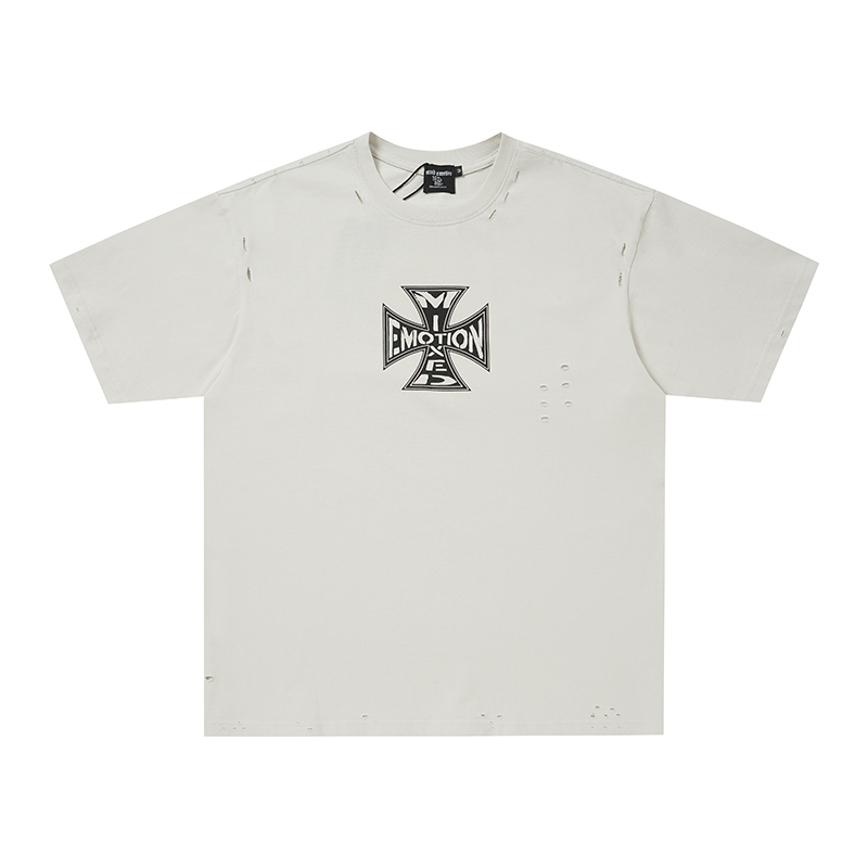 Mixed Emotion Ripped Iron‑Cross Logo Oversized Tee