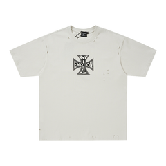 Mixed Emotion Ripped Iron‑Cross Logo Oversized Tee