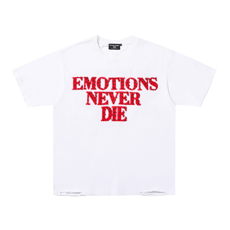"Emotions Never Die" Rhinestone Distressed Hem Oversized Tee