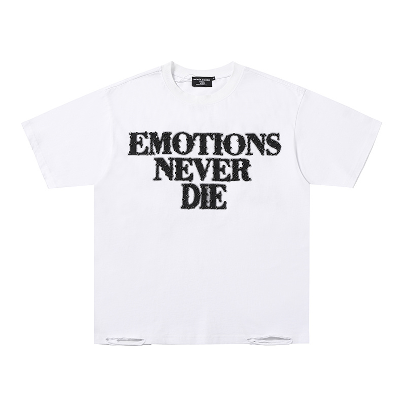 "Emotions Never Die" Rhinestone Distressed Hem Oversized Tee
