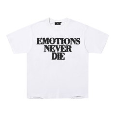 "Emotions Never Die" Rhinestone Distressed Hem Oversized Tee