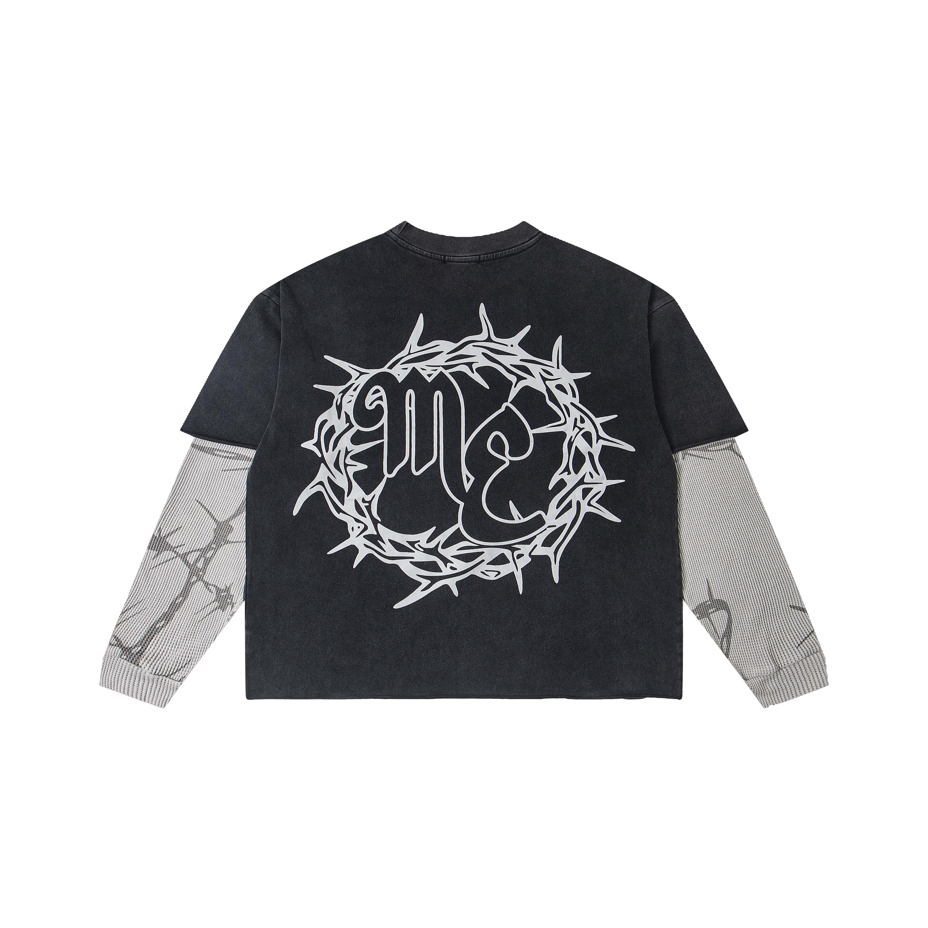 Mixed Emotion Thorn Crown Graphic Faux Layered Long‑Sleeve Tee