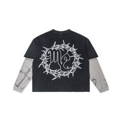 Mixed Emotion Thorn Crown Graphic Faux Layered Long‑Sleeve Tee