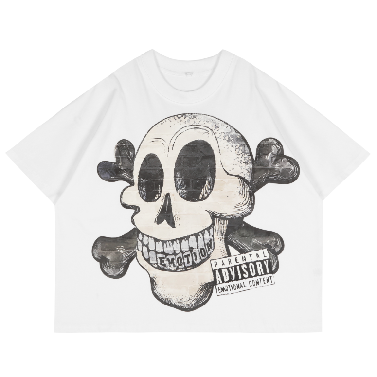 Mixed Emotion Skull Crossbones Tooth Emotion T-Shirt White Cartoon Punk Streetwear