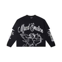 Mixed‑Emotion Studded Cupid Angel Layered‑Look Long‑Sleeve Top