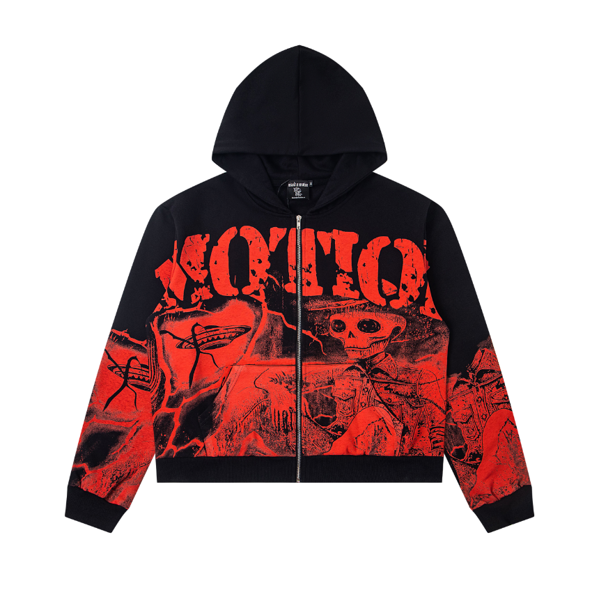Mixed Emotion Skull Lightning Crack Print Cropped Zip‑Up Hoodie