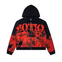 Mixed Emotion Skull Lightning Crack Print Cropped Zip‑Up Hoodie