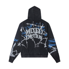 Mixed Emotion Gas‑Mask Barbed‑Wire Distressed Zip‑Up Hoodie