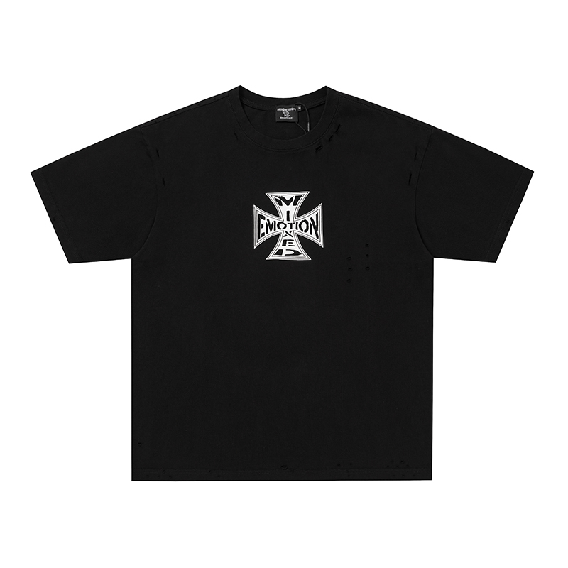 Mixed Emotion Ripped Iron‑Cross Logo Oversized Tee