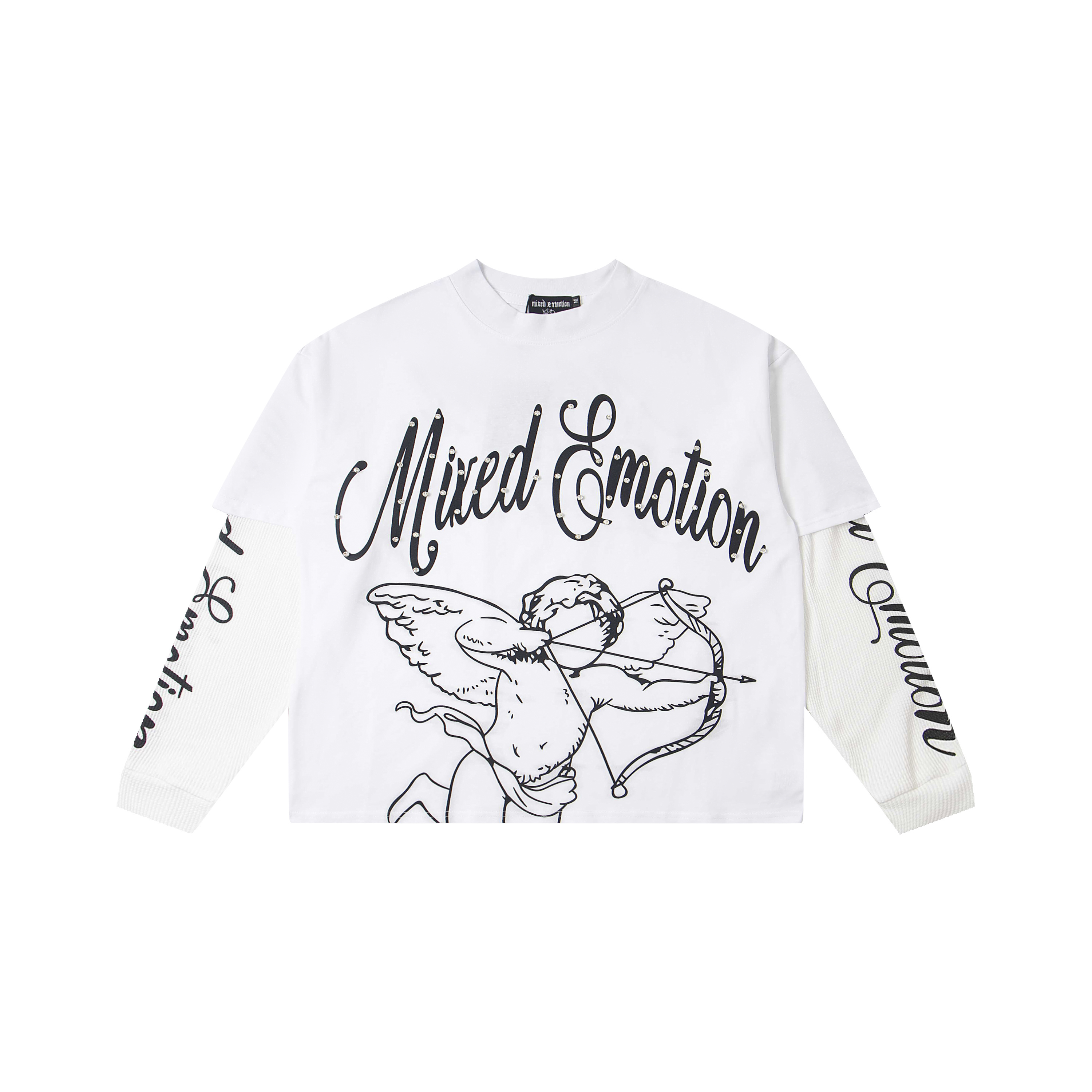 Mixed‑Emotion Studded Cupid Angel Layered‑Look Long‑Sleeve Top