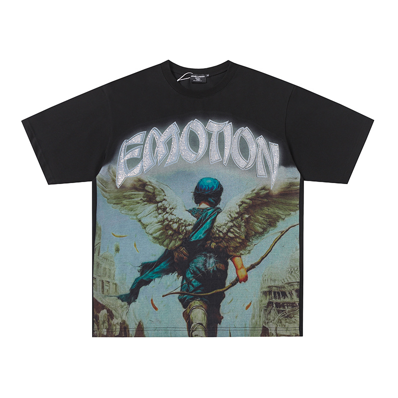 Mixed Emotion Winged Archer Angel Rhinestone‑Print Oversized Tee