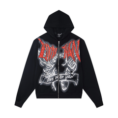 Mixed Emotion Rhinestone‑Studded Gothic Skull Zip‑Up Hoodie