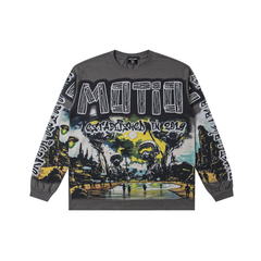 Mixed Emotion Alien City Graffiti Print Long Sleeve T‑Shirt