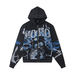Mixed Emotion Gas‑Mask Barbed‑Wire Distressed Zip‑Up Hoodie