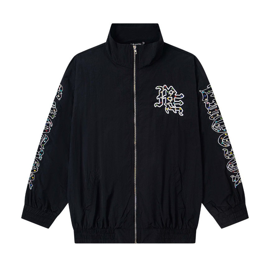 Mixed Emotion Rhinestone‑Decorated Graphic Black Windbreaker Jacket