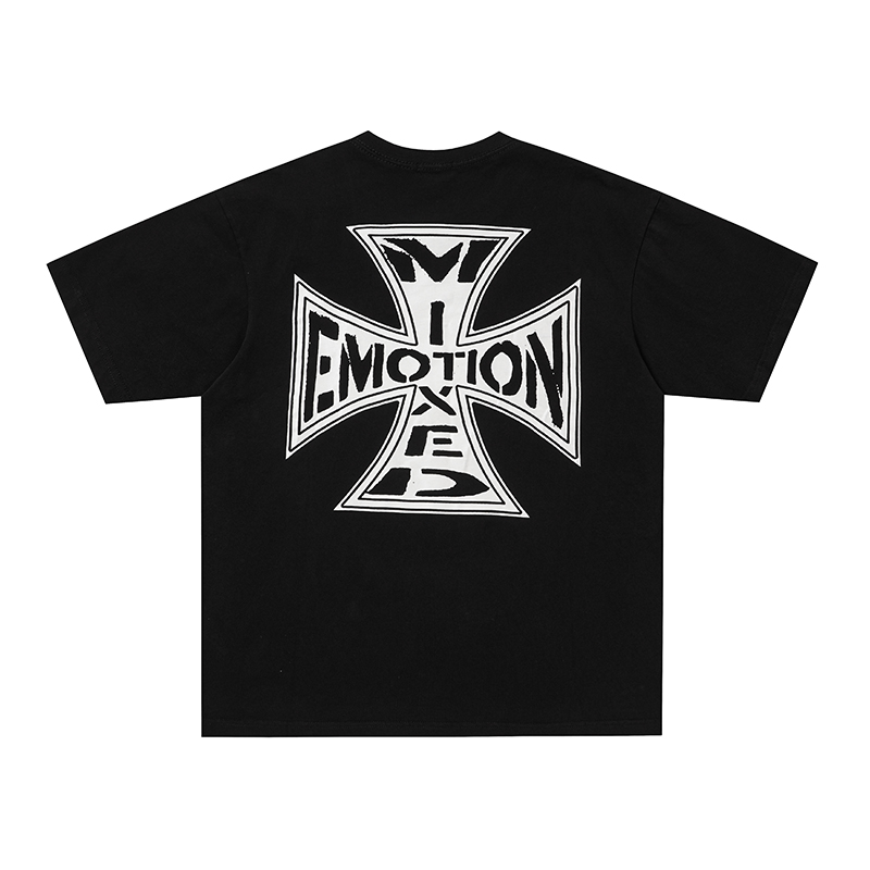 Mixed Emotion Ripped Iron‑Cross Logo Oversized Tee