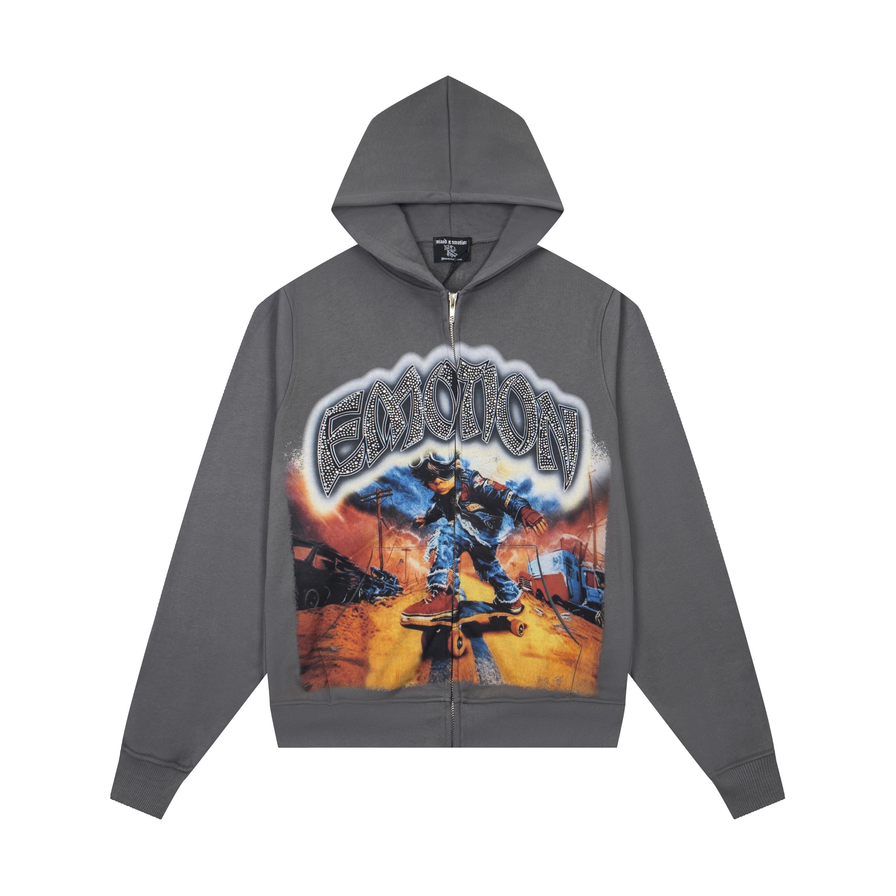 Mixed Emotion Skater Graphic Rhinestone Grey Zip‑Up Hoodie