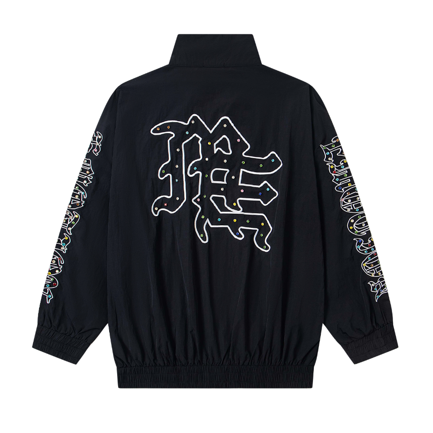 Mixed Emotion Rhinestone‑Decorated Graphic Black Windbreaker Jacket