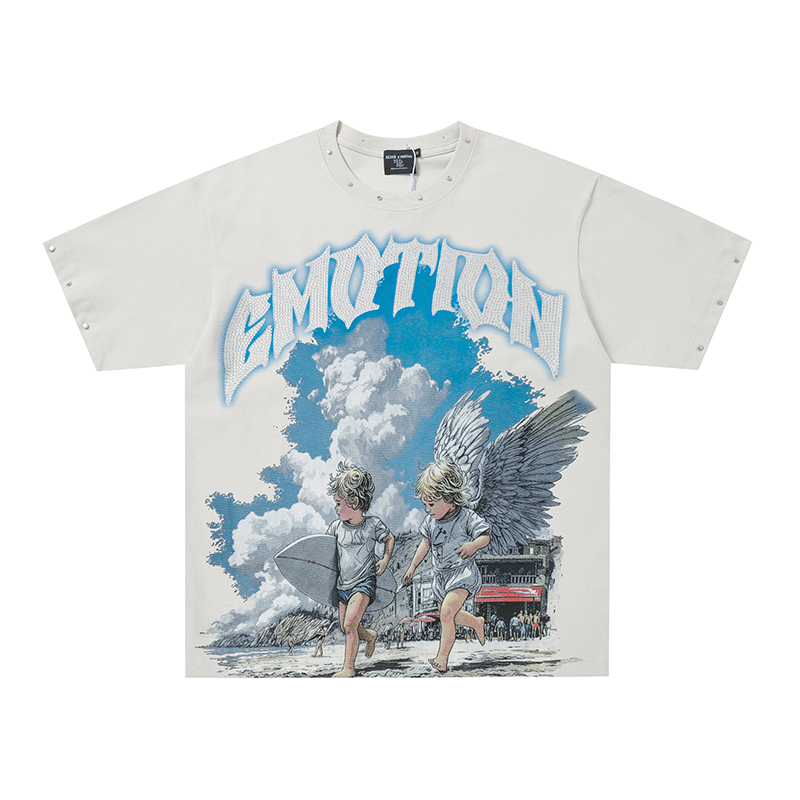 Mixed Emotion Surf Angel Rivet Decor Oversized Graphic Tee