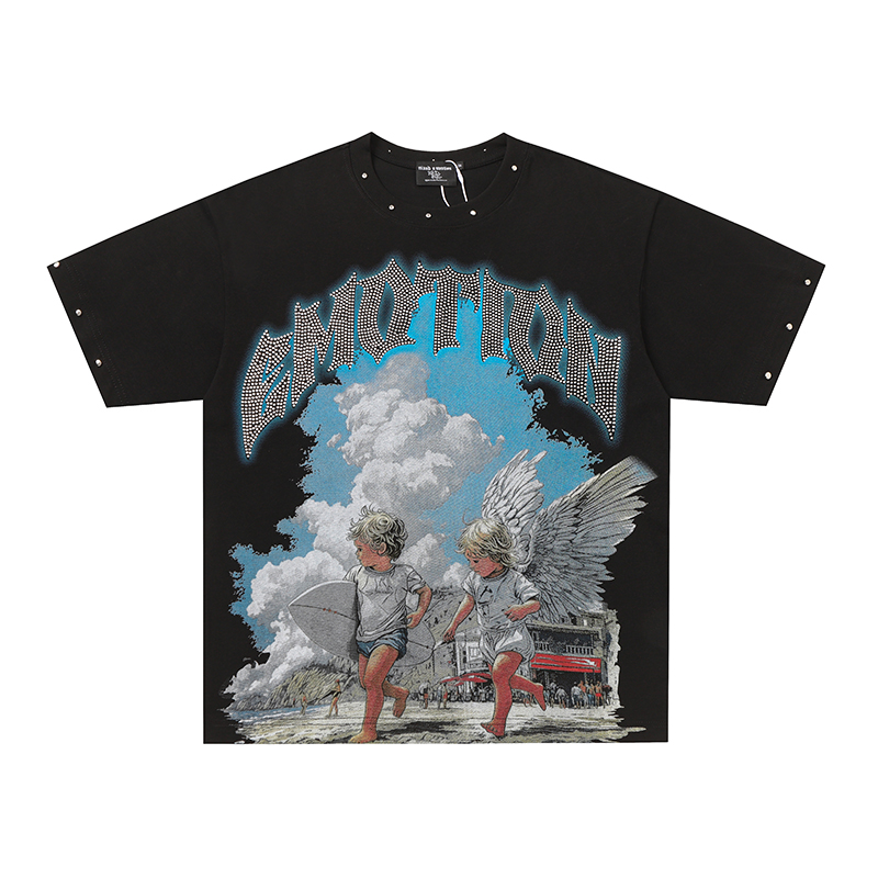 Mixed Emotion Surf Angel Rivet Decor Oversized Graphic Tee