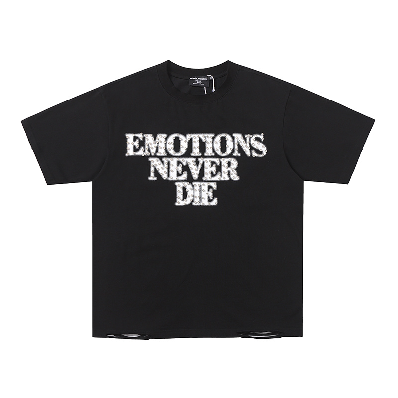 "Emotions Never Die" Rhinestone Distressed Hem Oversized Tee